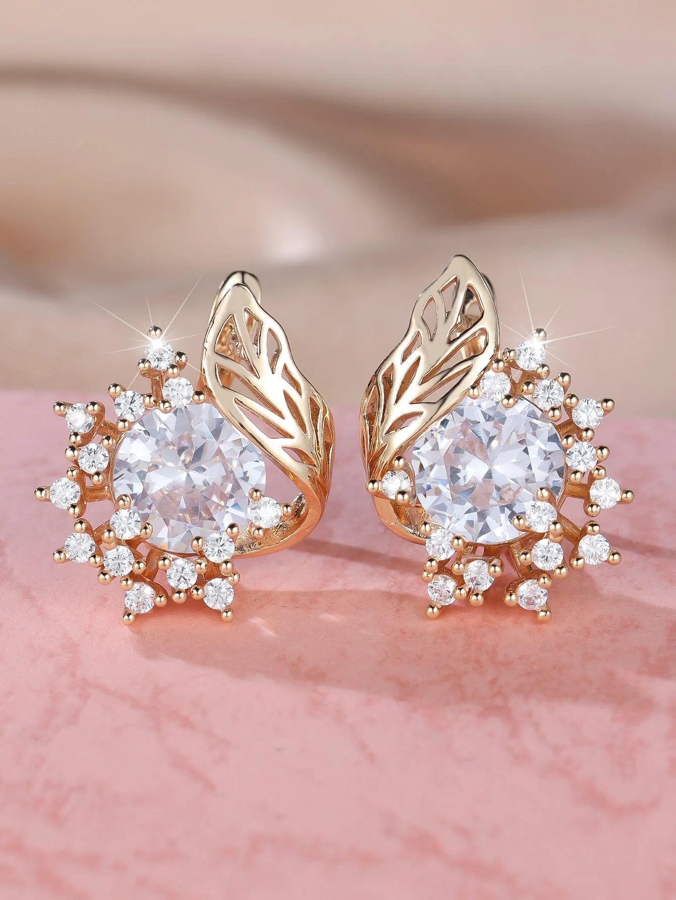 Round flower feather zircon earrings with champagne gold finish and coloured stone centre