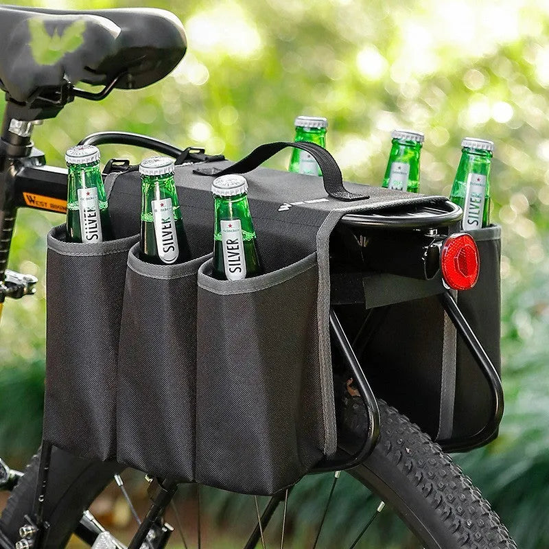 Black and orange bicycle double-sided anti-scratch shelf bag mounted on a bike frame.