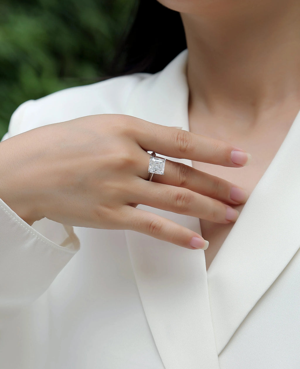 Heart-shaped moissanite wedding ring set in S925 silver with platinum plating, square 10*10 mm stone, gift box packaging