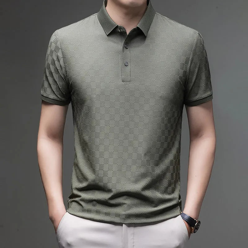 Rhombus patterned thin ice silk short sleeve t-shirt for men in black with a slit detail.