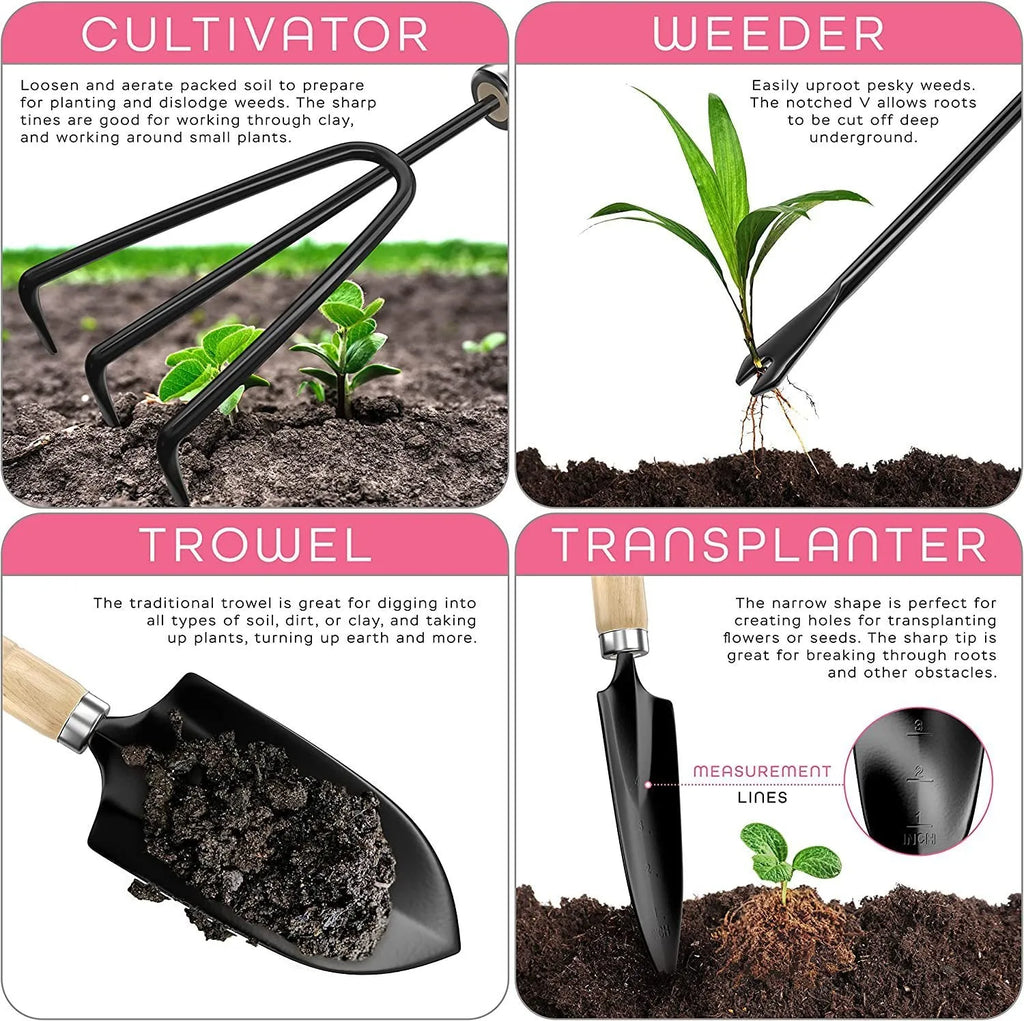8-piece stainless steel gardening tools set including various garden implements for planting and maintenance