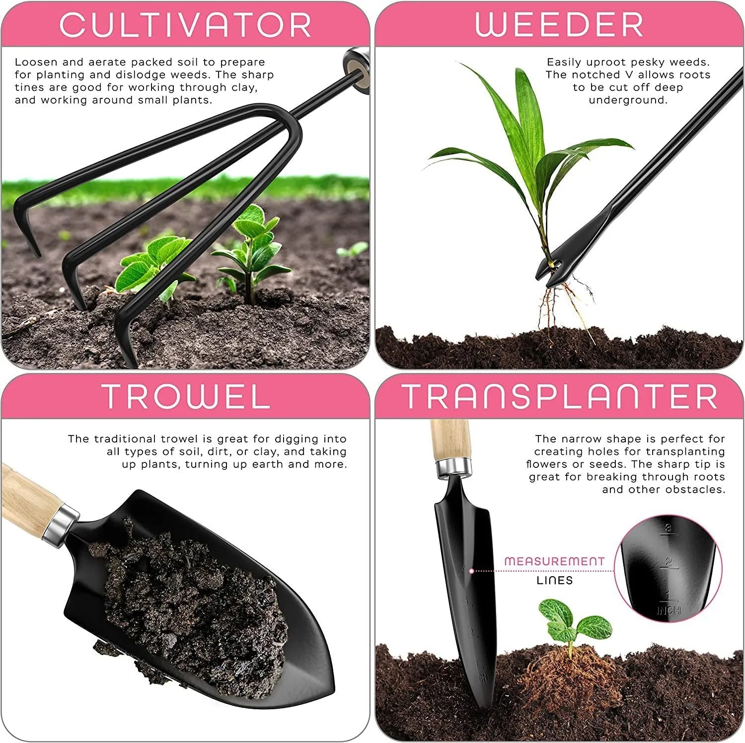 8-piece stainless steel gardening tools set including various garden implements for planting and maintenance