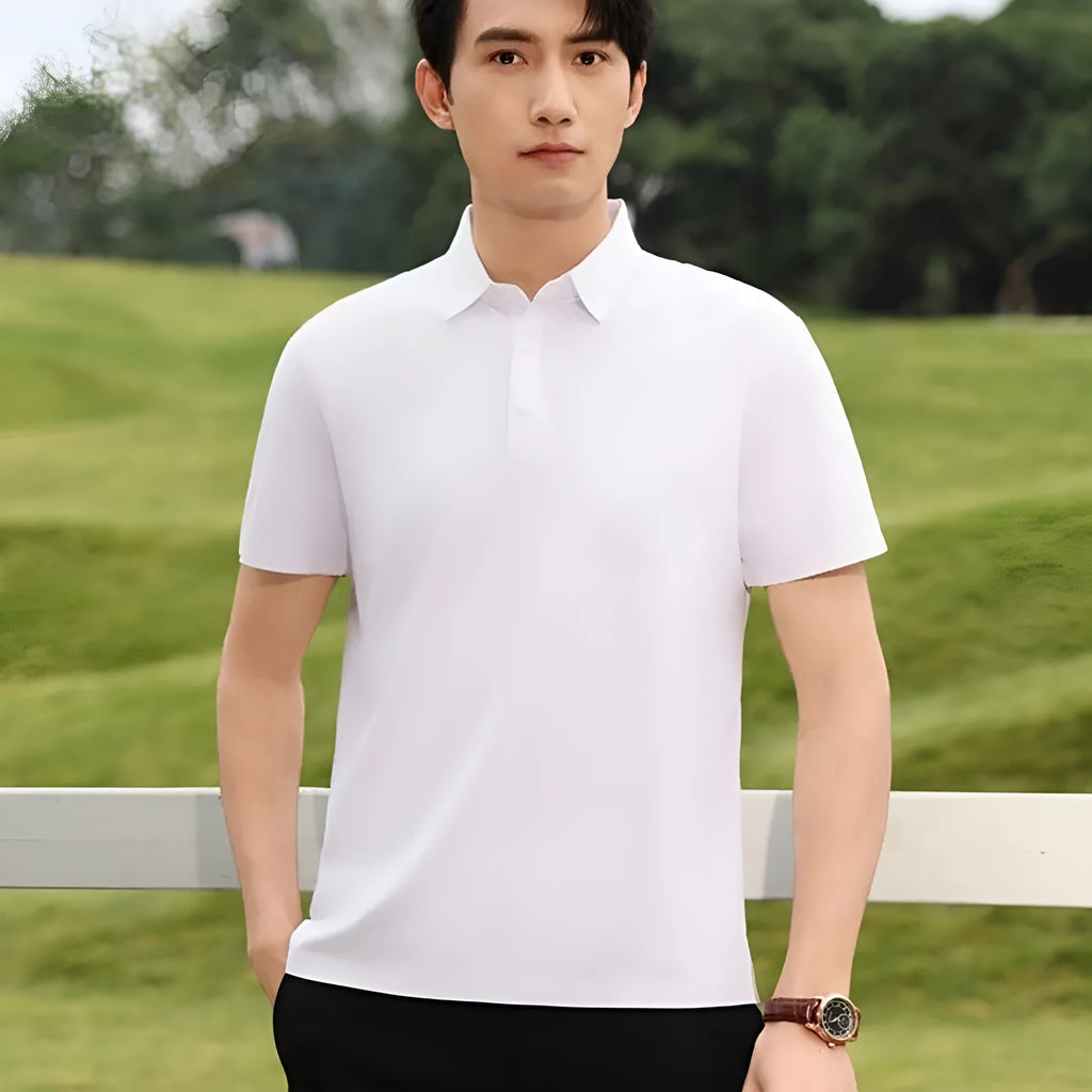Men's slim-fit solid colour T-shirt with seamless lapel and short sleeves