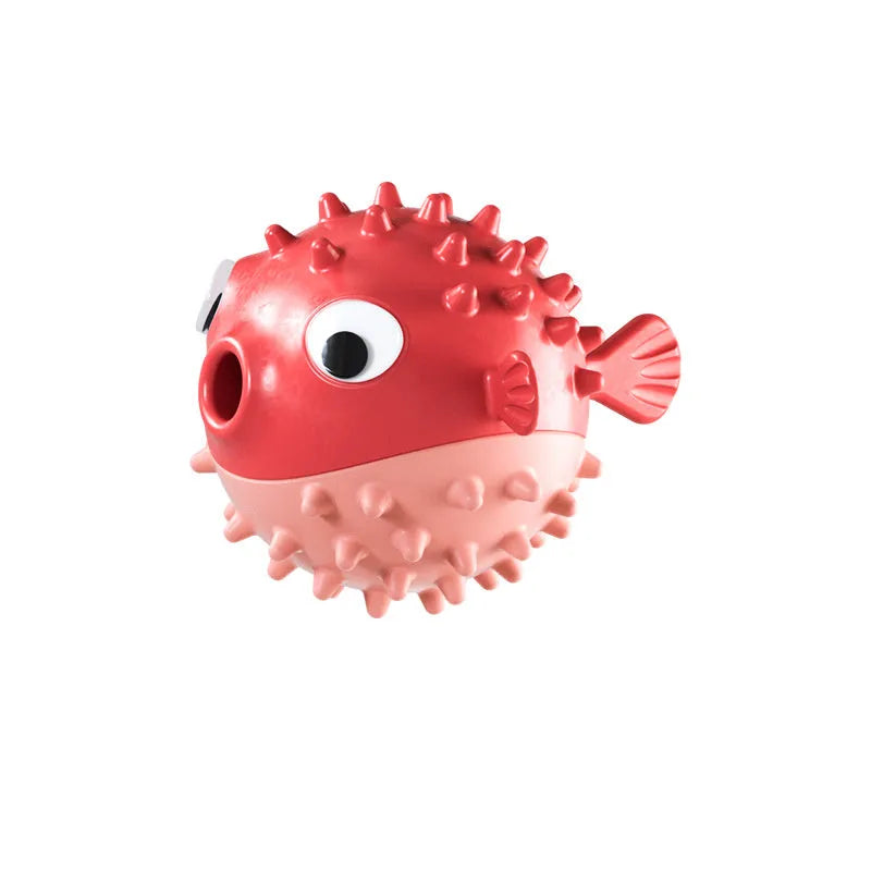 Fish-shaped interactive TPR dog toy with treat dispenser and dental-cleaning surface particles