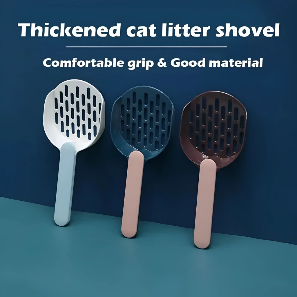 Blue plastic cat litter shovel scoop for cleaning litter boxes, shown next to a litter tray.