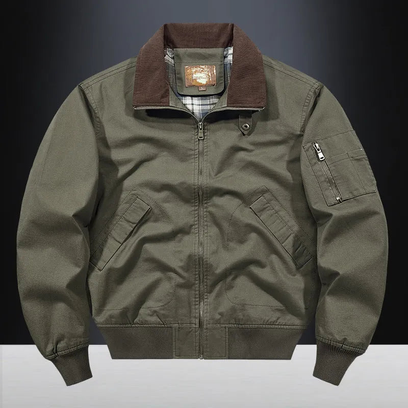 Men's plus size washed cotton baseball flight jacket in army green colour