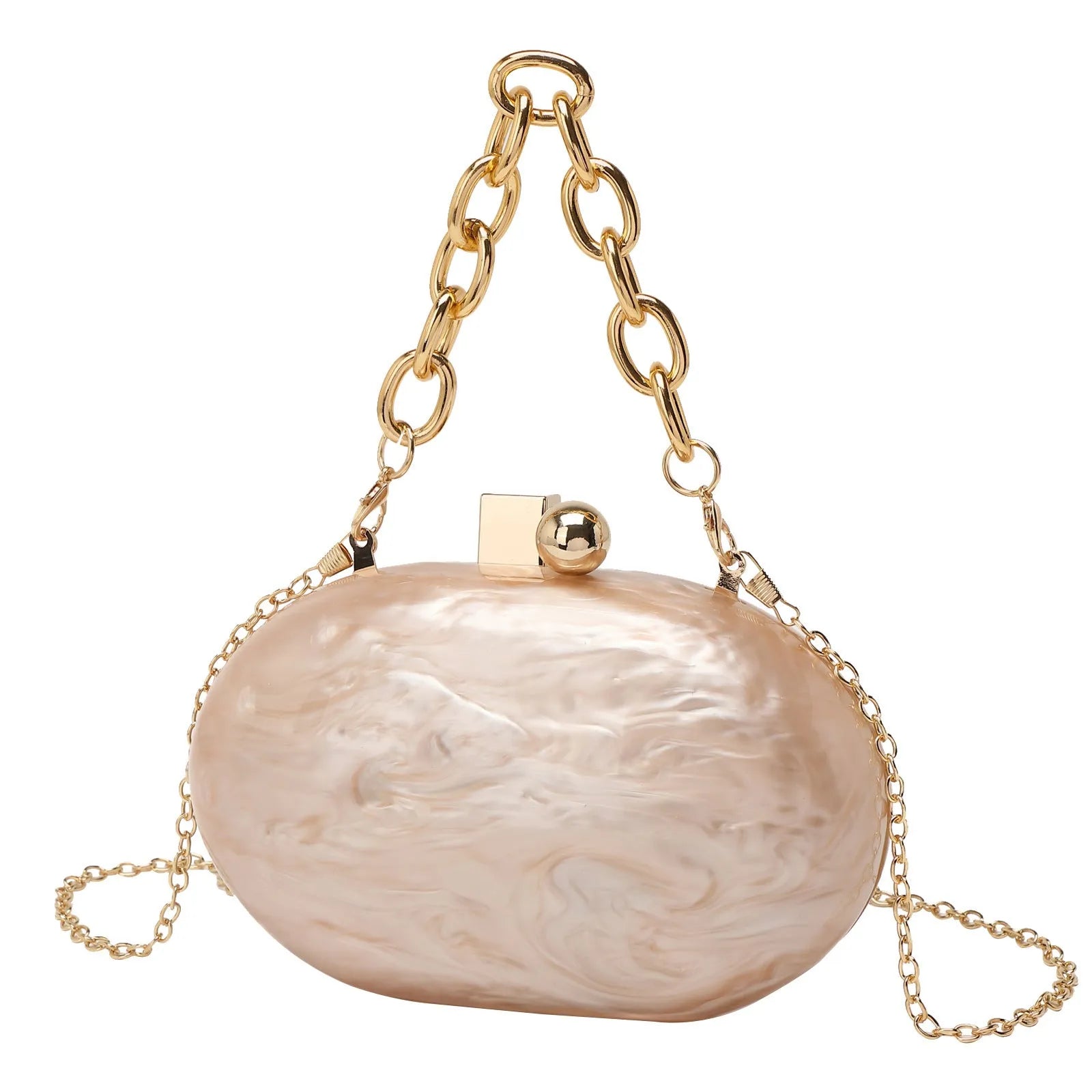 Oval acrylic women's clutch bag with detachable chain in pearlescent colour options