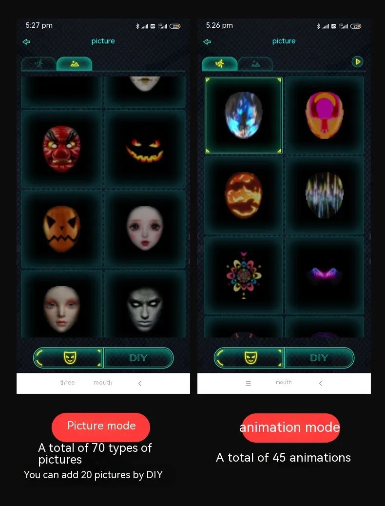 LED luminous face mask with changing displays for Halloween and party events