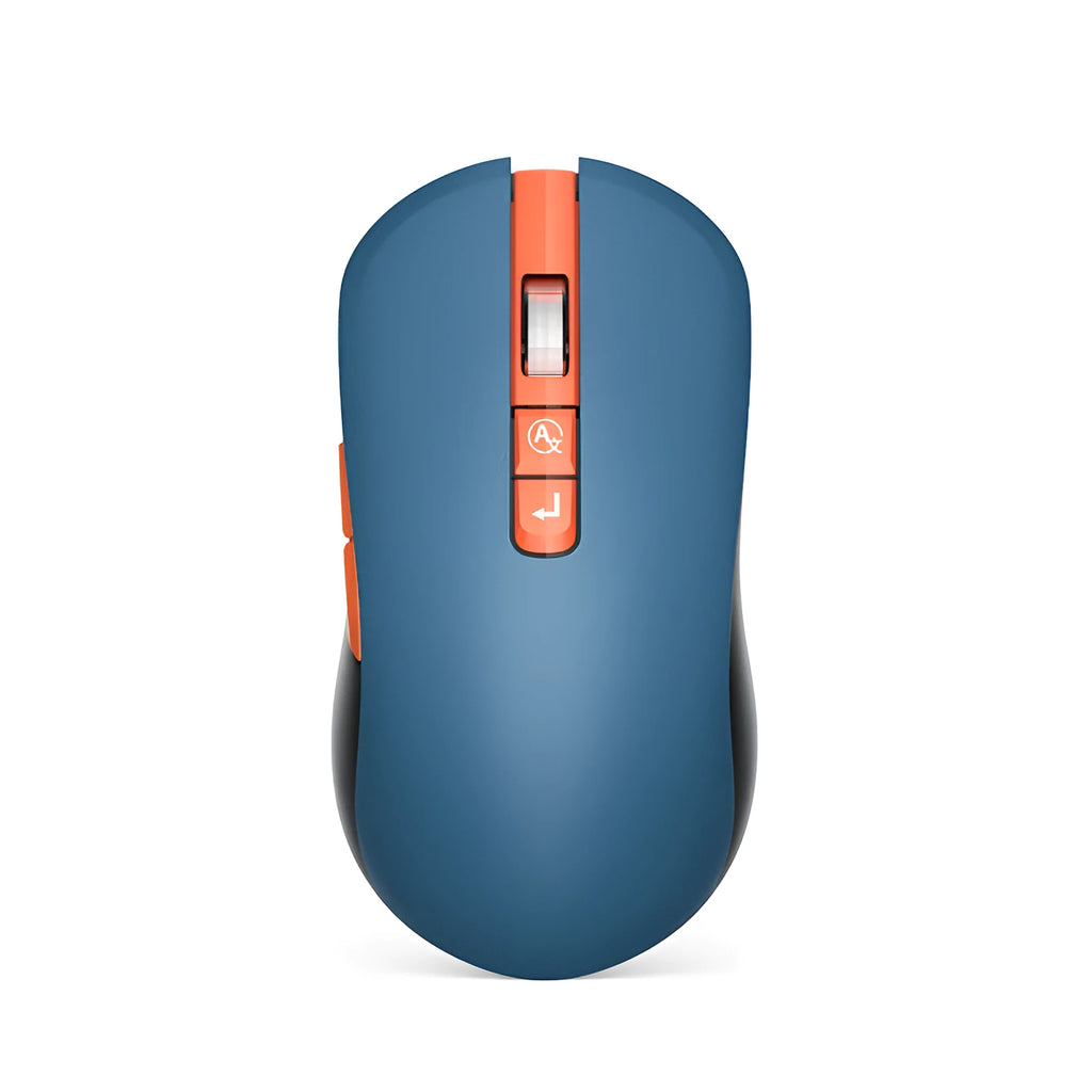IFLYTEK black wireless gaming mouse with seven buttons and a noise-reducing microphone grille on a wooden desk.