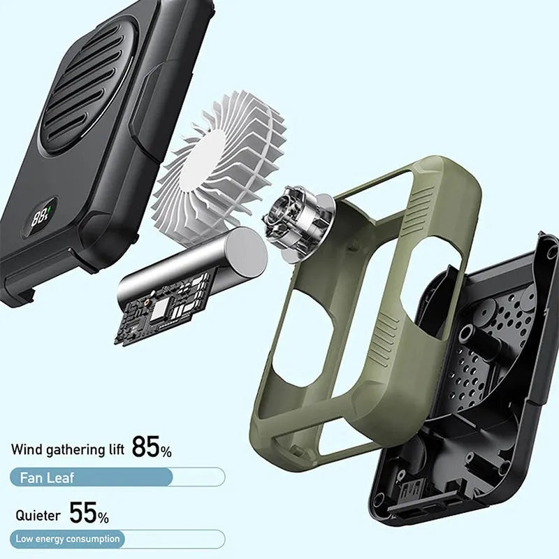 Green leaf-less waist hanging fan with USB charging port for outdoor sports