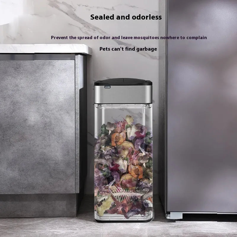 Stainless steel smart inductive trash can with square shape and automatic lid.