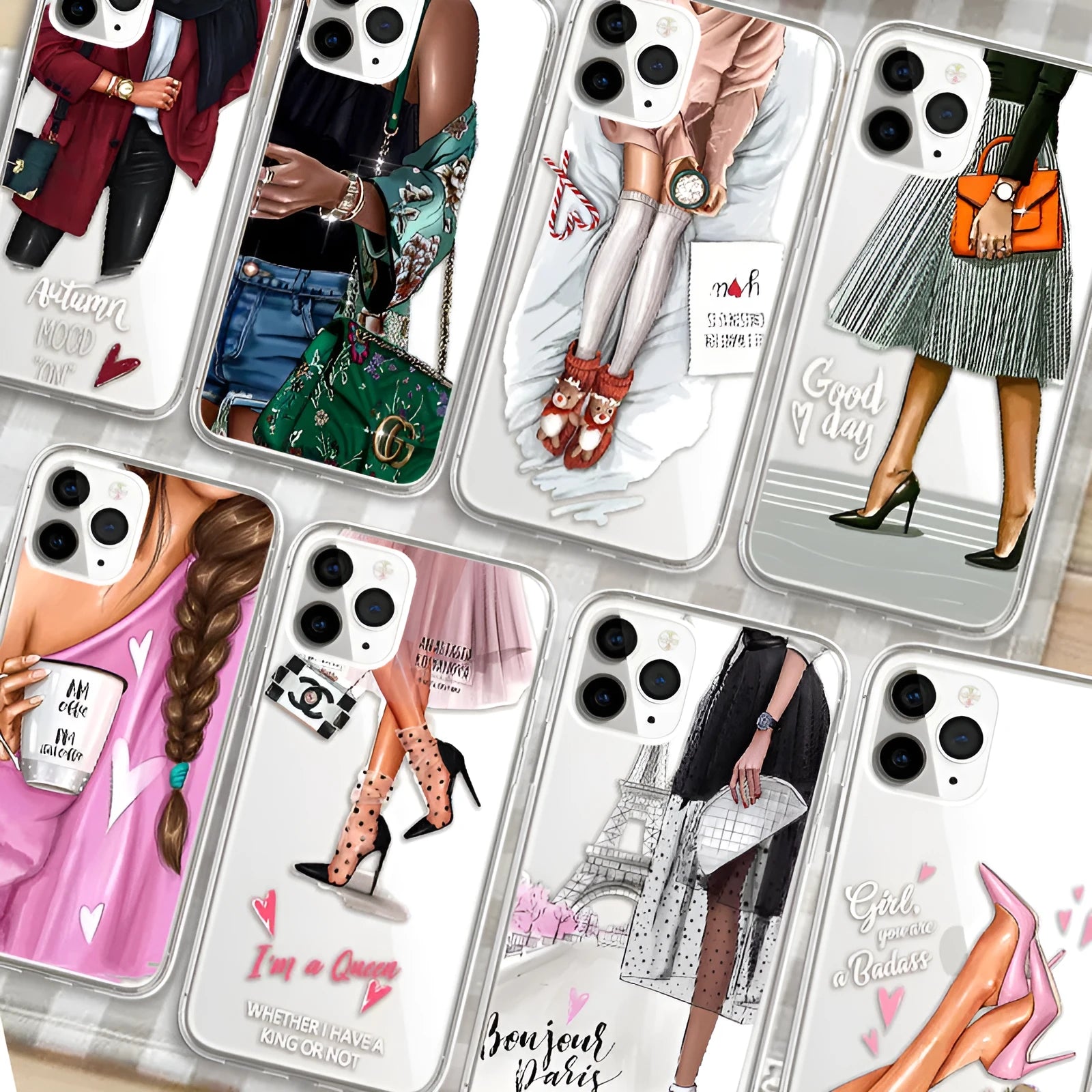 Women's painted TPU back cover phone case for iPhone XR and Samsung series in colour 40233.