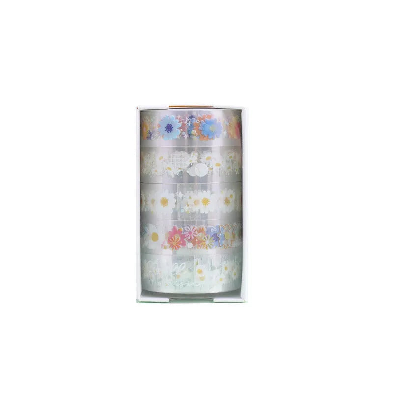 Five rolls of transparent adhesive tape with a Midsummer Daisy cartoon pattern, each 1.5cm wide.