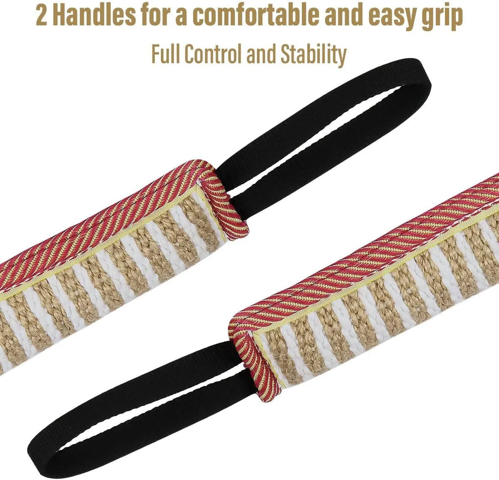 Beige and pink jute dog tug toy with two handles, measuring 30cm long.