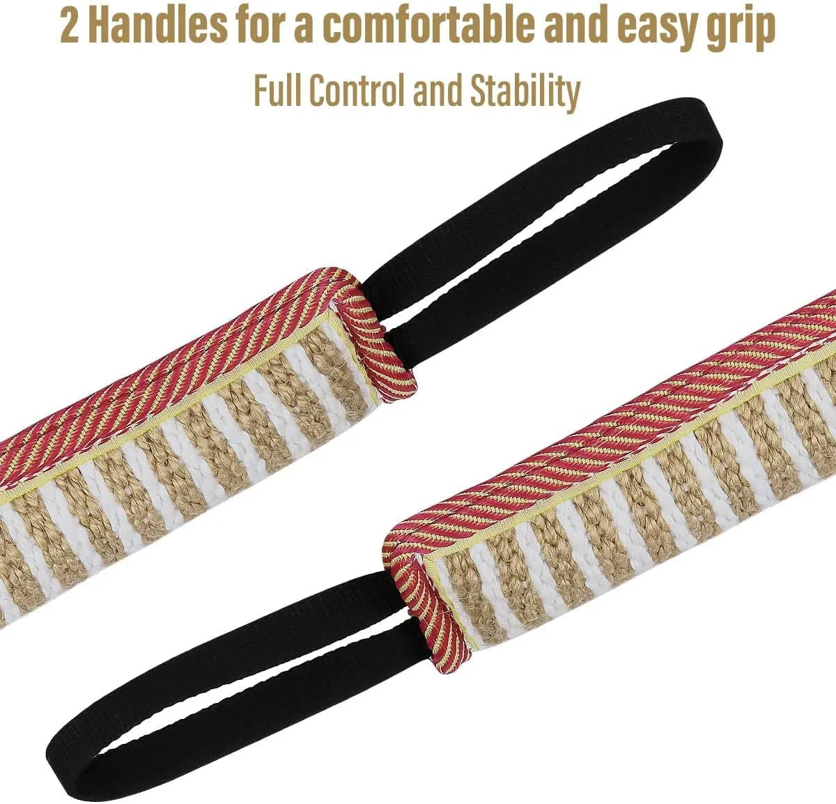 Beige and pink jute dog tug toy with two handles, measuring 30cm long.