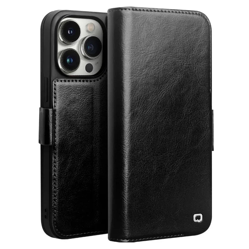 Genuine leather magnetic flip cover for iPhone 14 with card slot and kickstand in black colour