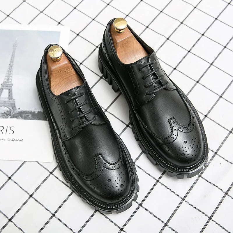 Men's black artificial PU brogue shoes with round toe and decorative perforations on a white background.