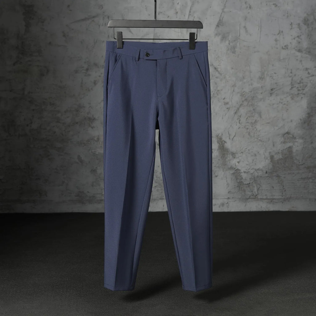Men's straight loose fit brushed polyester trousers in khaki, side view, size 32