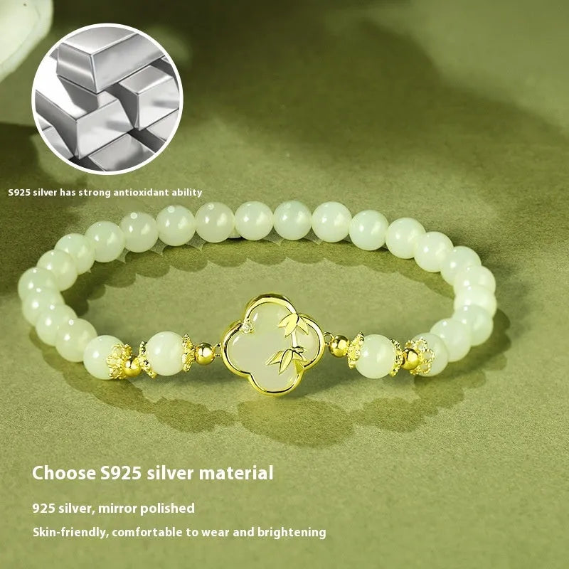 Hetian jade festival bracelet and necklace set with inlaid leaf design in national style