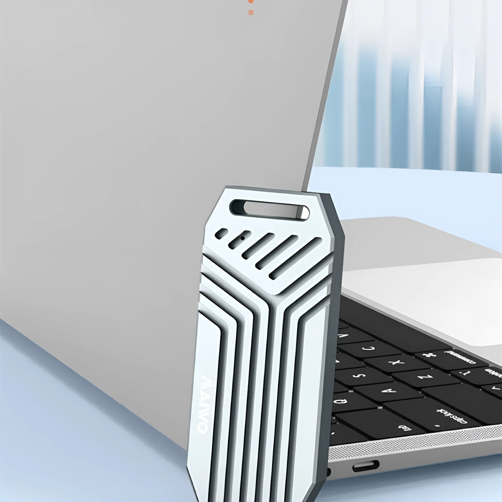 Aluminium Thunderbolt 4 external enclosure for M.2 NVMe solid state drives in silver or grey.