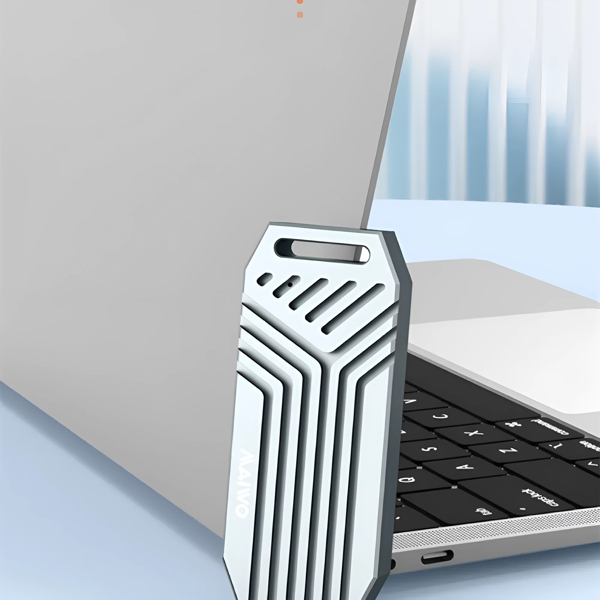 Aluminium Thunderbolt 4 external enclosure for M.2 NVMe solid state drives in silver or grey.