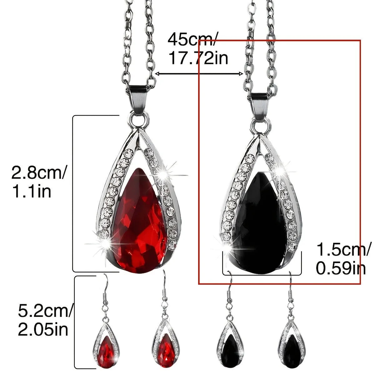 Alloy teardrop pendant necklace and matching earrings in black or red.