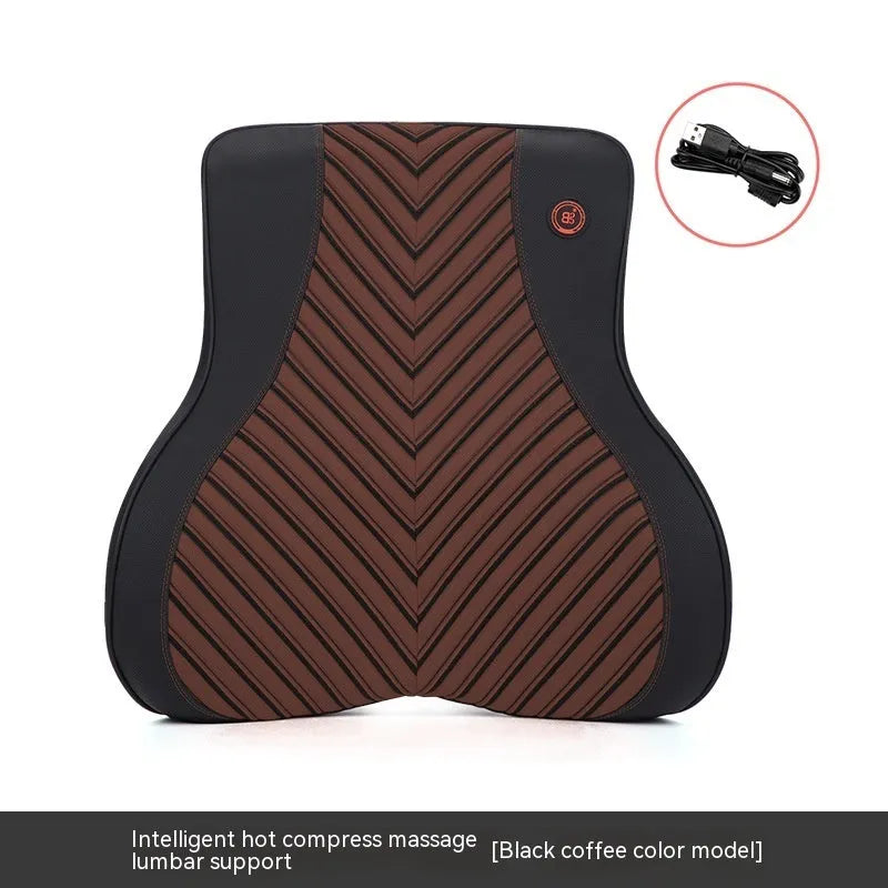 Car electric massage heating headrest and lumbar support cushion in black and orange colour