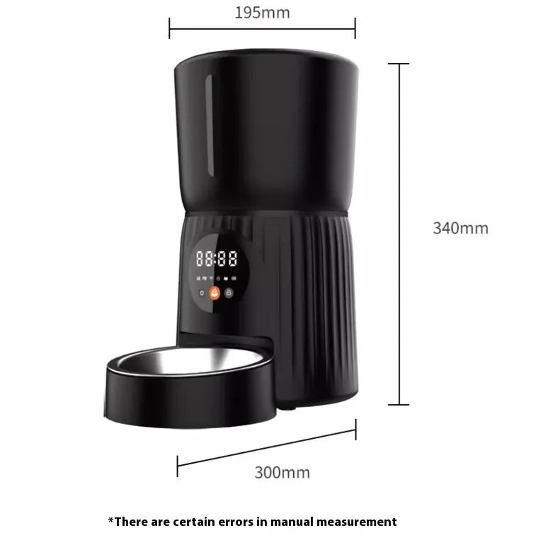Black and white automatic intelligent pet feeder with USB cable for timed, portion-controlled feeding.
