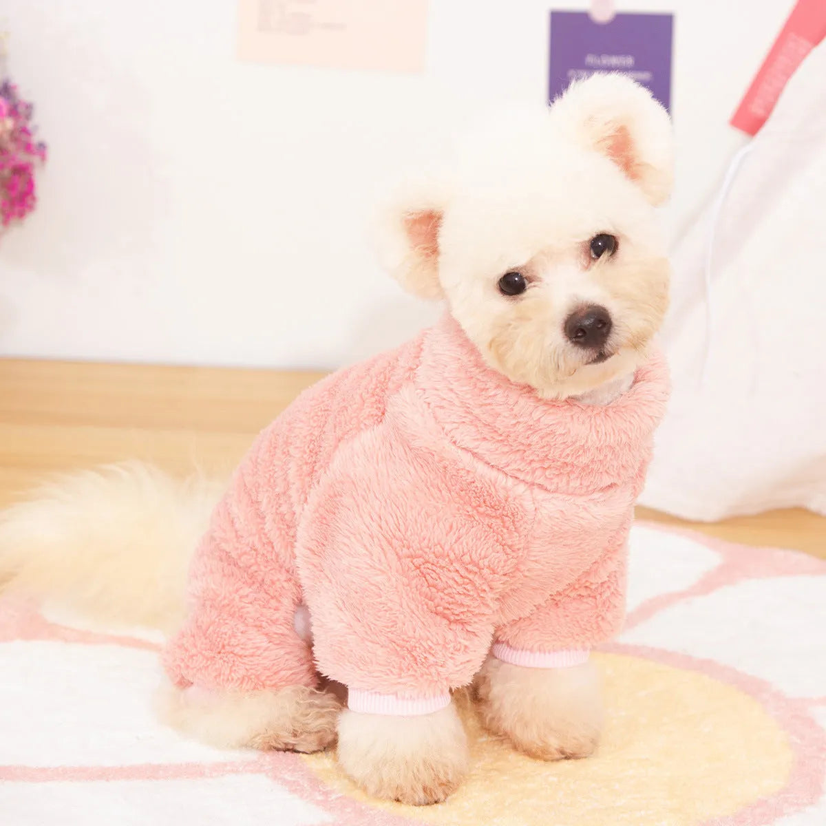 Blue double-sided thick plush four-legged dog clothing with a high collar and a back towing ring.