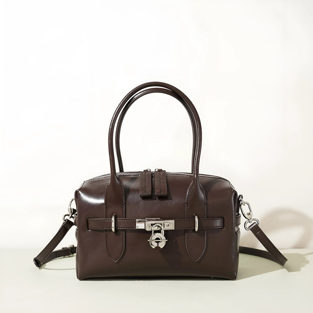 Cortical Women's Spliced Crossbody Bag in brown genuine leather with horizontal square shape