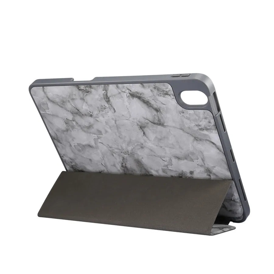 Tri-fold imitation leather iPad case in dark grey with a slot for an Apple Pencil.