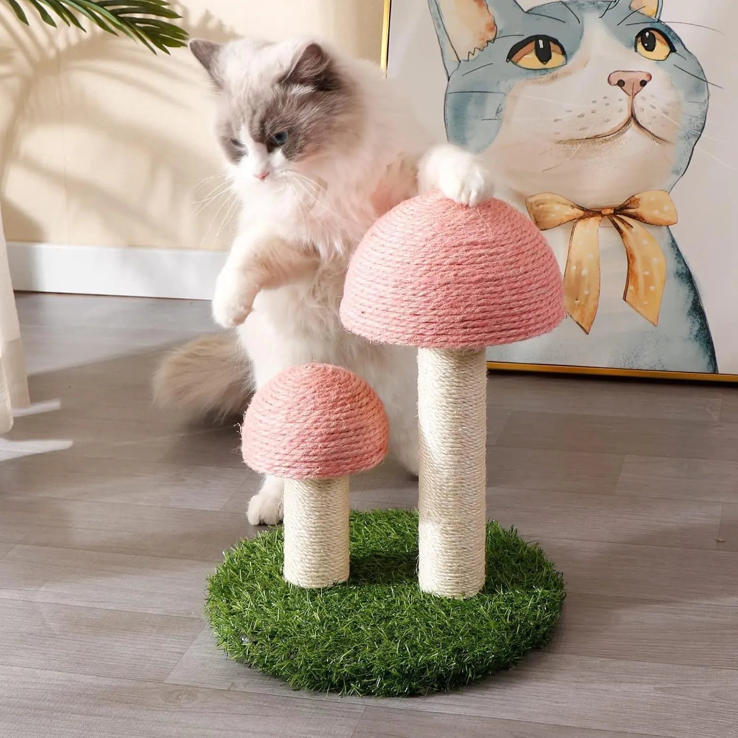 Pink mushroom-shaped cat scratching post with natural sisal rope for kittens and small cats