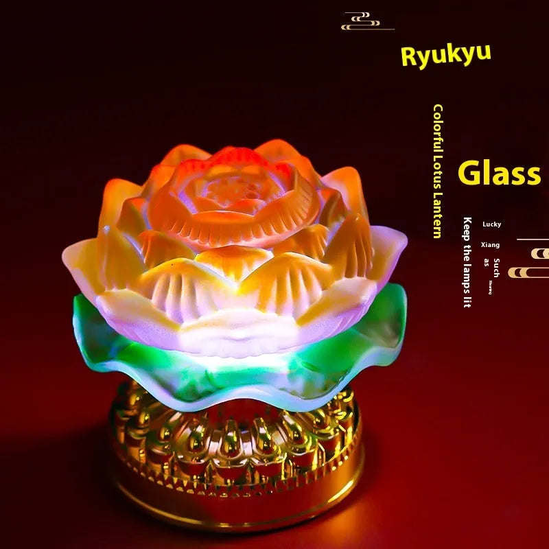 Yellow Chinese style lotus lamp with Buddha design and ABS plastic construction