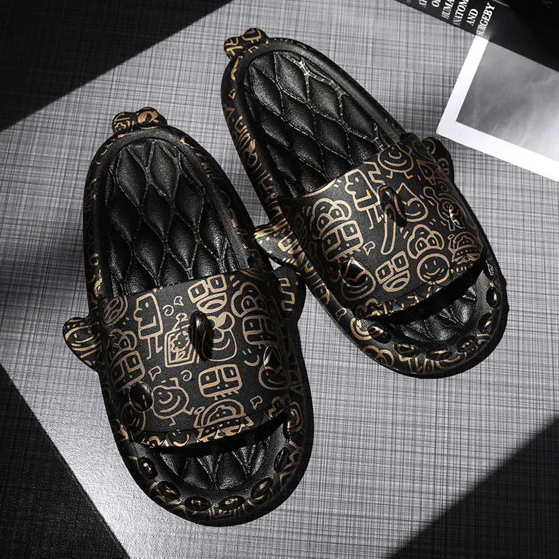 Pair of open-toe EVA home slippers with a shark design on a white background.