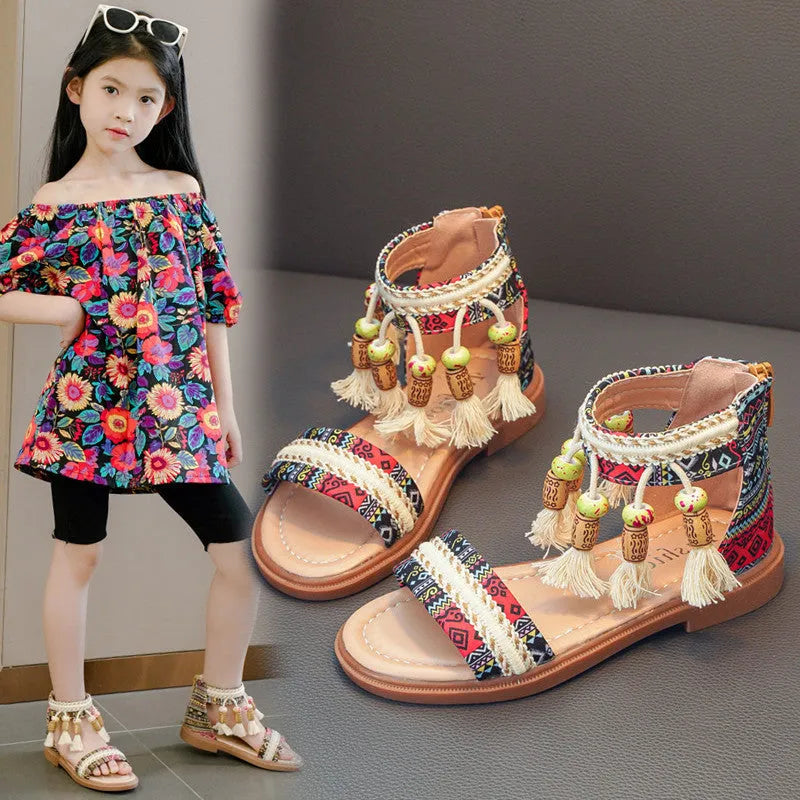 Summer ethnic retro children's Roman sandals with beaded detail, cloth upper, back zipper, in black colour option.