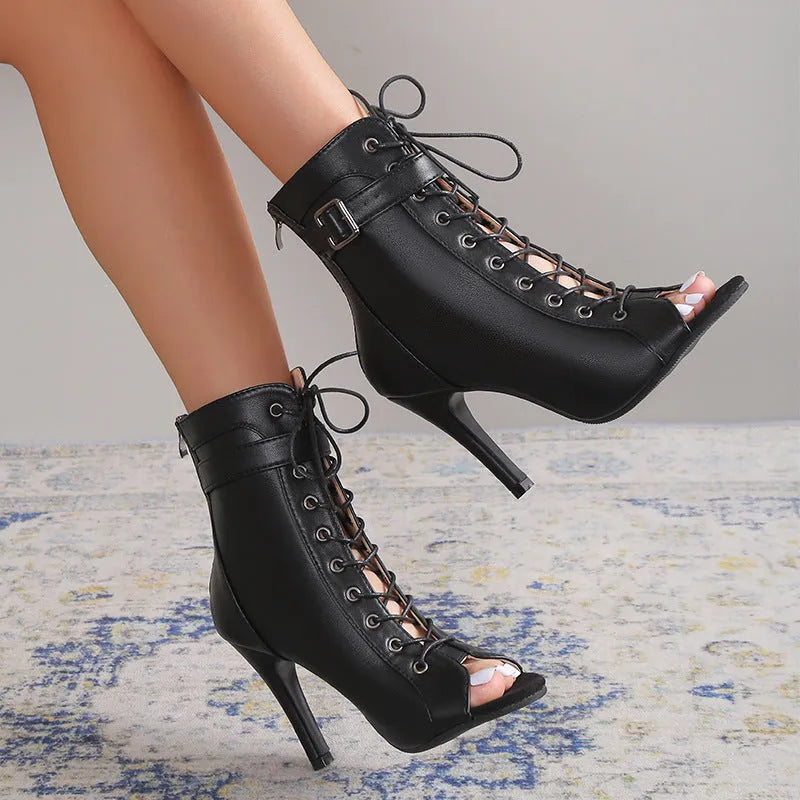 Black women's peep toe high heel pumps with lace-up buckle straps, back zipper, PU upper, and rubber sole.