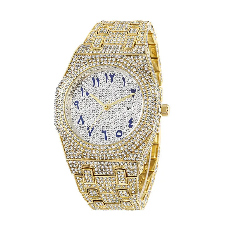 European hip hop full diamond Arabic scale quartz men's watch with gold plated strap and mineral glass mirror