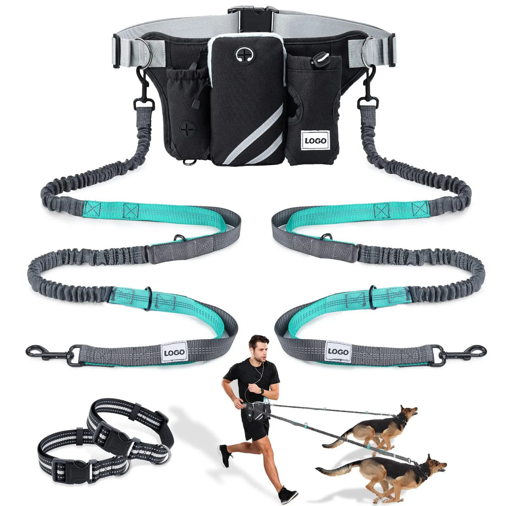 Black nylon outdoor dog walking set showing a waist bag, attached leash, and matching dog collar.