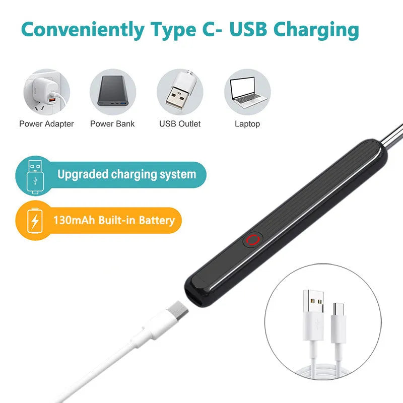 NE3 wireless otoscope ear cleaner with camera, LED light, and smartphone display showing ear canal view