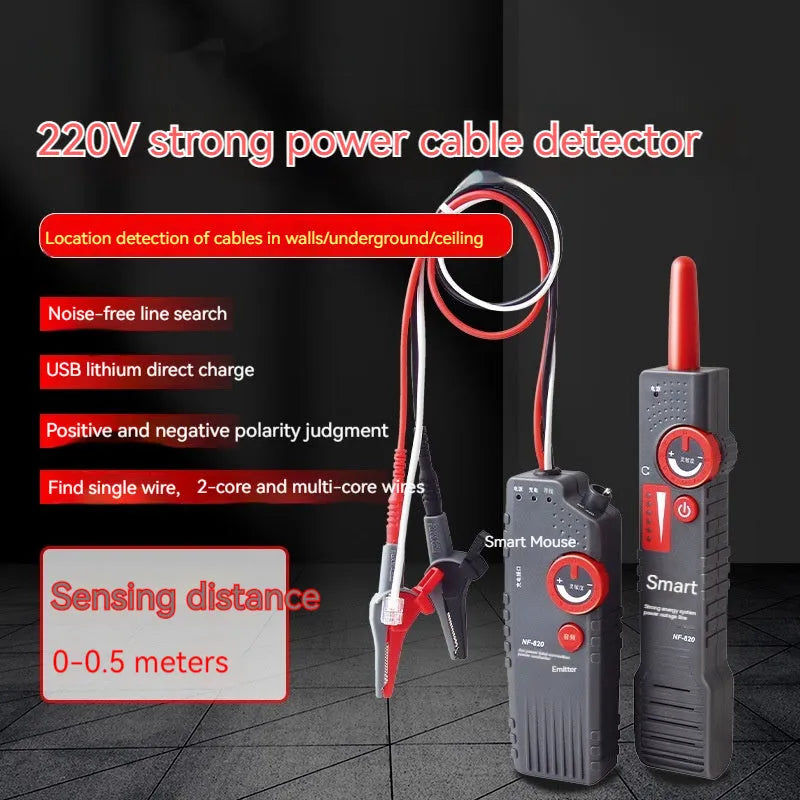 Line finder buried wire cable tester with transmitter and receiver on a workbench