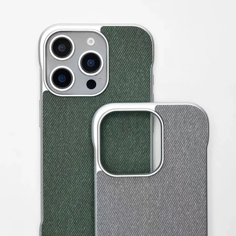 Imitation leather phone case with embossed hemp pattern, no border design, fits iPhone 14 to 16 Pro Max, available in multiple colours.