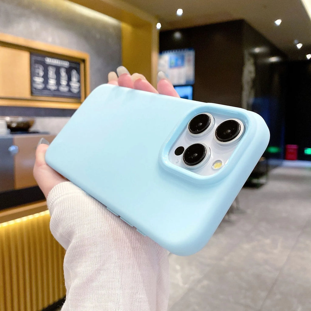 Liquid silicone dopamine phone case for Apple iPhone in blue, purple, and orange colour options
