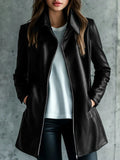 Women's black leather jacket with medium length and long sleeves for casual wear