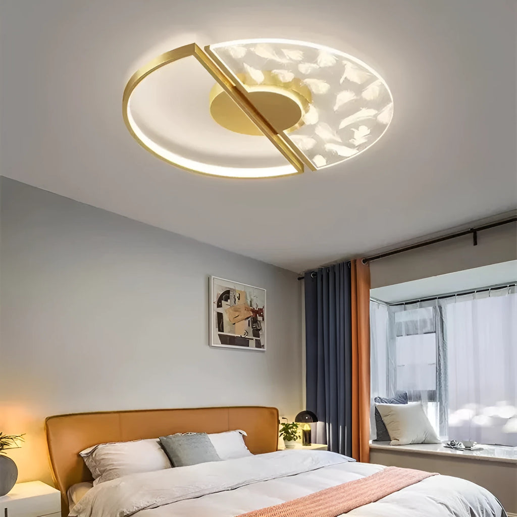 Modern LED ceiling light with monochrome white light, available in 45cm golden feather or 55cm black finish for bathroom