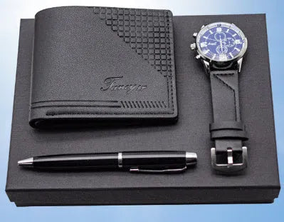 Creative holiday gift set containing a brown wallet, pen, and watch inside an open gift box.