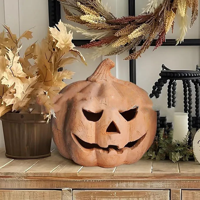 Resin pumpkin lamp with light, 22cm height, modern simplicity style, synthetic resin construction, on a porch setting