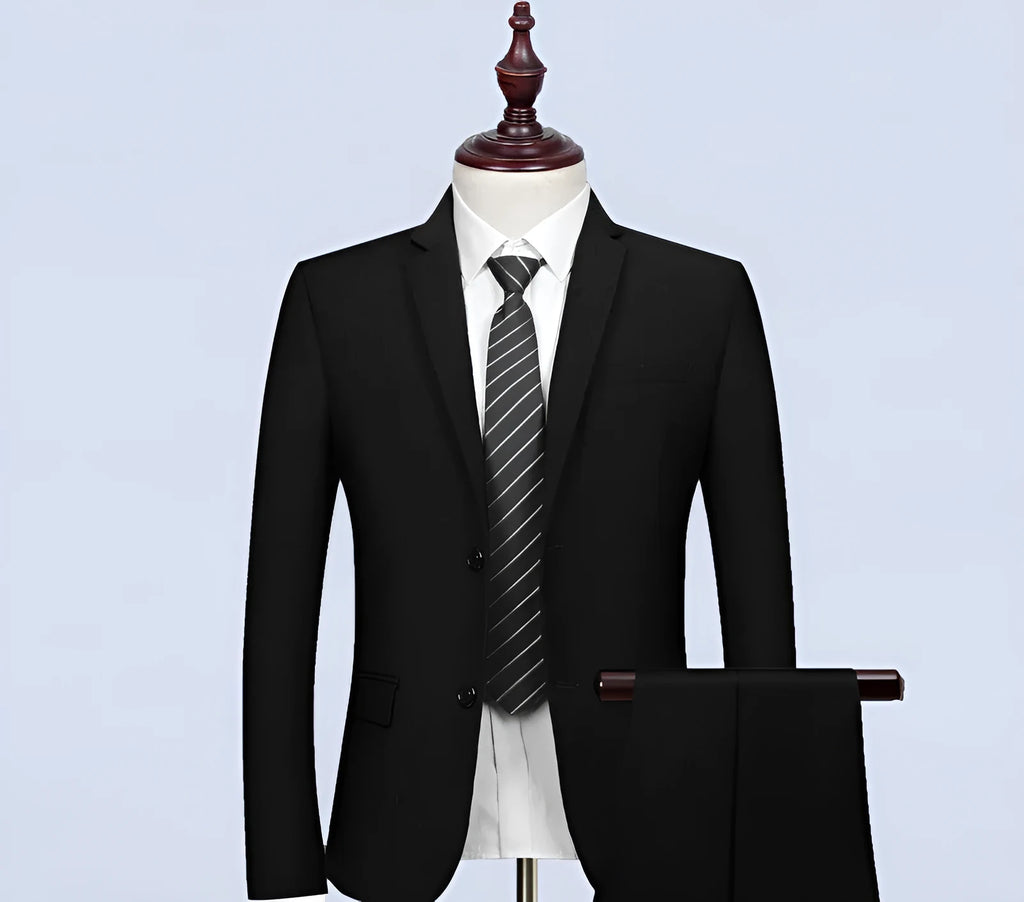 Men's slim fit black business suit set with waistcoat, shirt, and trousers, flat collar, back slit, acetate fibre blend
