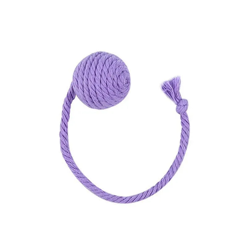 Cat toy ball with rope attached in green, pink, purple or yellow colour with internal bell