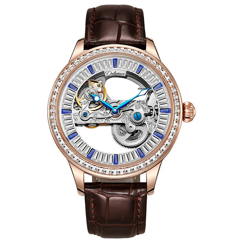 Men's luxury zircon dial waterproof mechanical watch on wrist with transparent case back