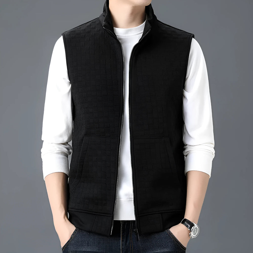 Casual sleeveless waistcoat vest in chemical fiber blending polyester fabric shown in neutral colours